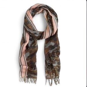 J.Crew Camo Print Scarf Wool Blend Fringe Lightweight Wrap Green Pink Stripe